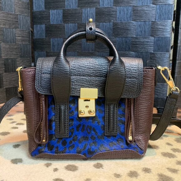 3.1 Phillip Lim cross body handbag, leather with blue leopard print front - Picture 1 of 3